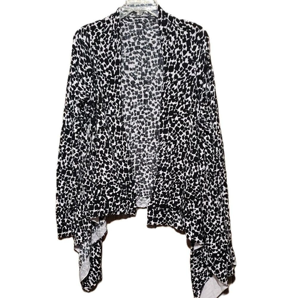 Daisy Fuentes XL Women's Black White Geo Cardigan Sweater Wrap Draped Open Front